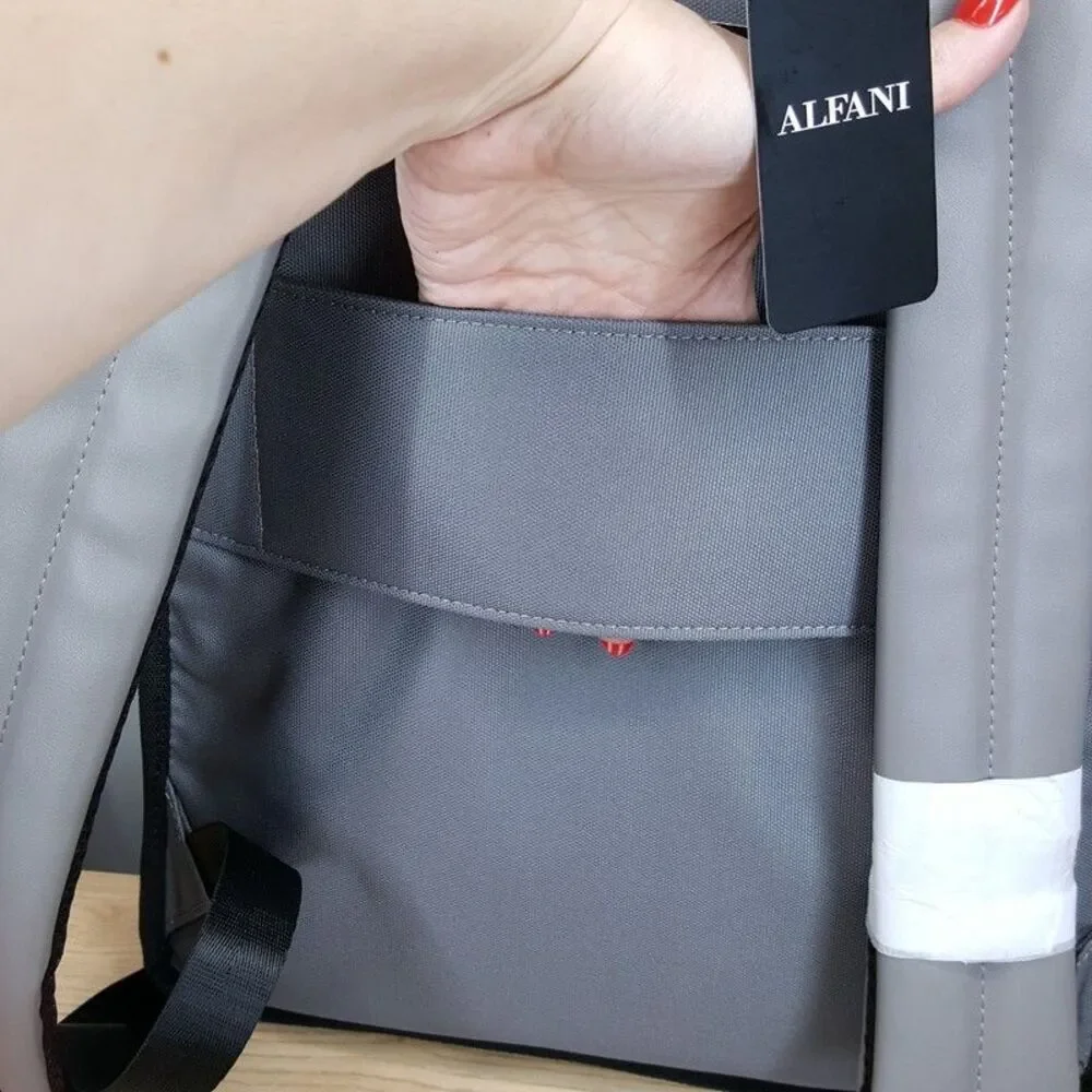 ALFANI Backpack Grey Canvas Roll Top Backpack Faux Leather Trim Laptop Sleeve - Picture 9 of 13